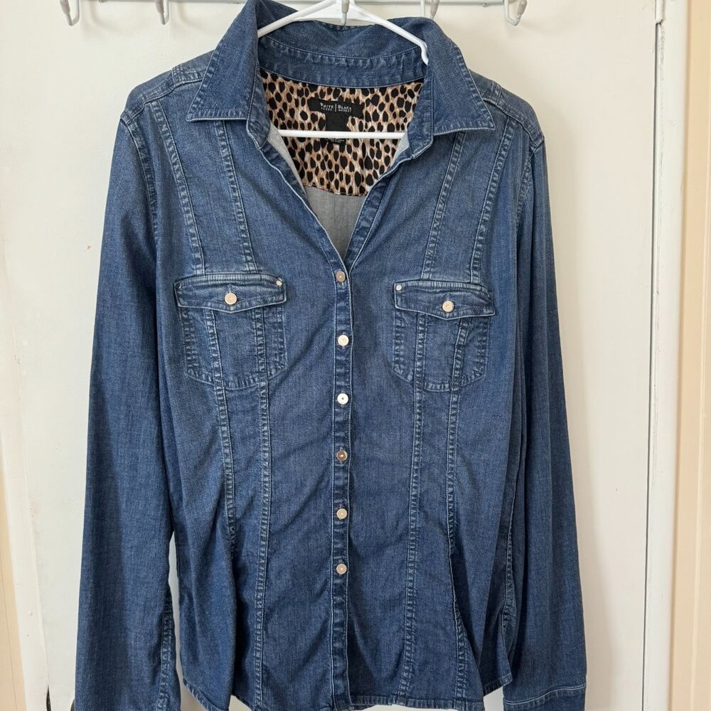 White House Black Market Denim Jean Jacket Animal Print Women's Size 14